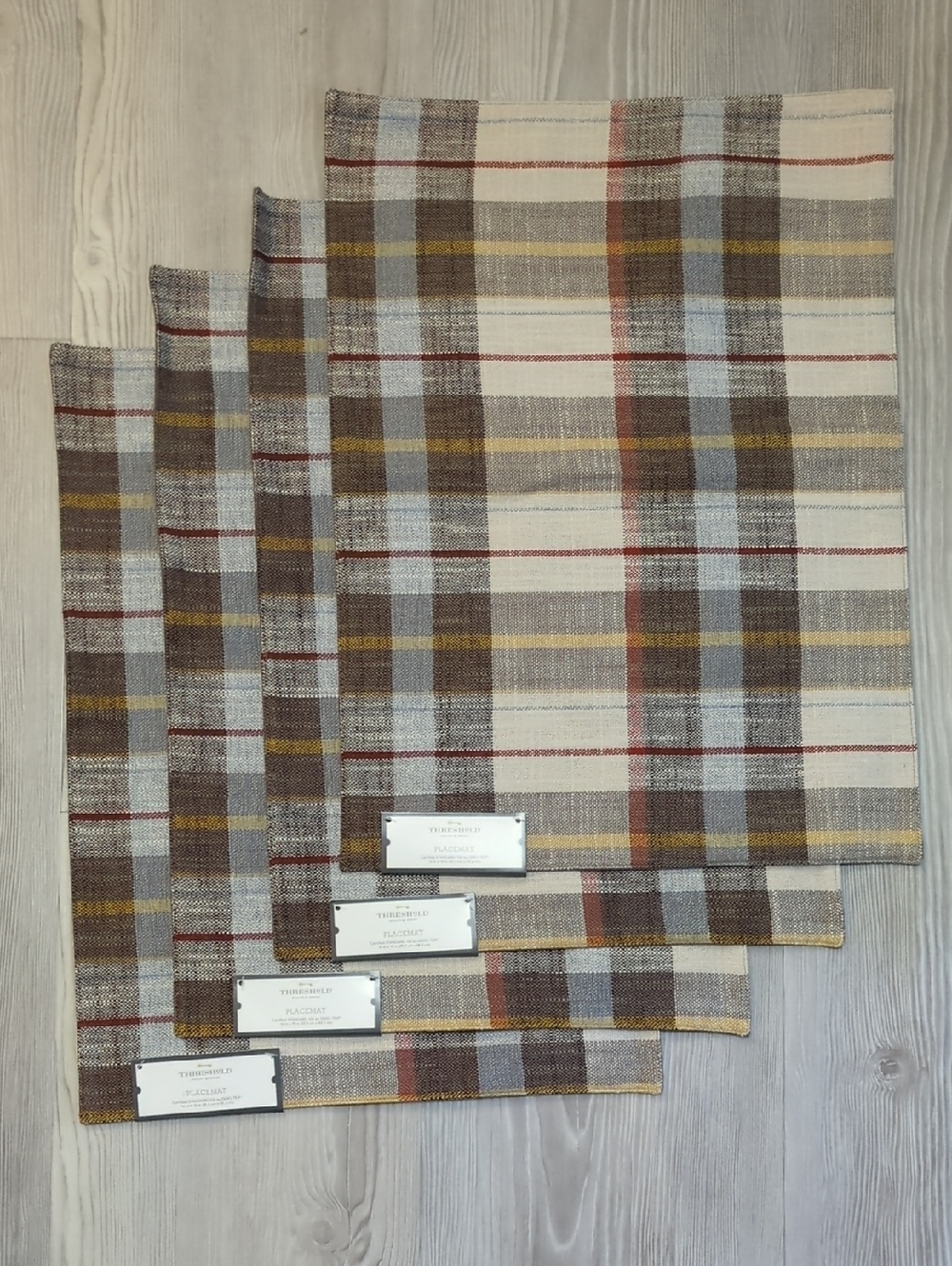 Threshold Plaid Woven Placemat Set in Cream, Brown, Blue & Mustard (4)